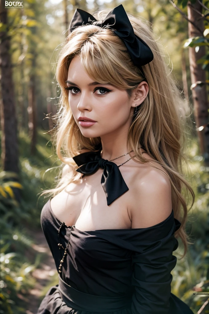 Detailed Photo of 1 bbardot woman with dark eye makeup and a black bow on her head, detailed face, Beautiful, Perfect Eyes, (highly detailed skin:1.1), perfect body, wearing a swing dress, Professional Photography, Soft Lighting, Photorealistic, Realistic, ((Fog:1.2)), ((in a Forest background)), blurred background, volumetric fog, God Rays, Bokeh, RAW, analog style, sharp focus, 8k, high res, DSLR, high quality, Fujifilm XT3, film grain, award winning, stunning