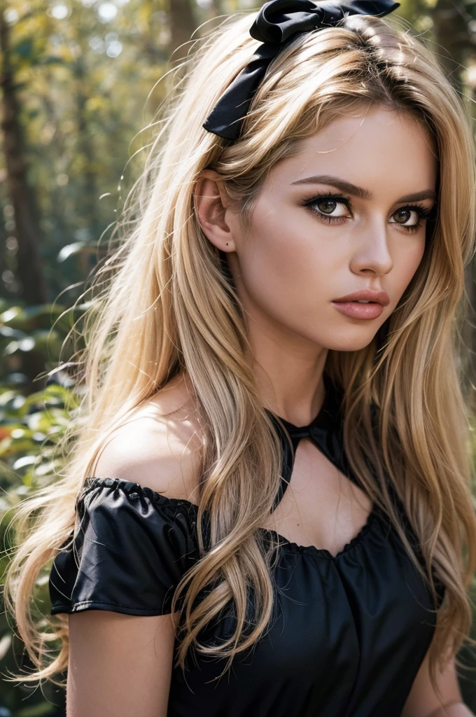 Detailed Photo of 1 bbardot woman with dark eye makeup and a black bow on her head, detailed face, Beautiful, Perfect Eyes, (highly detailed skin:1.1), perfect body, wearing a swing dress, Professional Photography, Soft Lighting, Photorealistic, Realistic, ((Fog:1.2)), ((in a Forest background)), blurred background, volumetric fog, God Rays, Bokeh, RAW, analog style, sharp focus, 8k, high res, DSLR, high quality, Fujifilm XT3, film grain, award winning, stunning