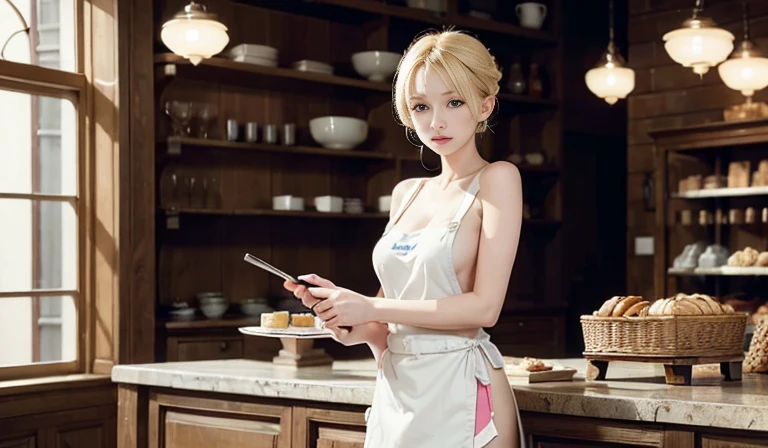Girl with blonde hair, shop assistant, pastry shop assistant, pastry chef, only apron, naked aprons, no bra, no underwear, super calvages, nude, plate in hand (high quality), (delicate face), very detailed, highest quality, professional lighting