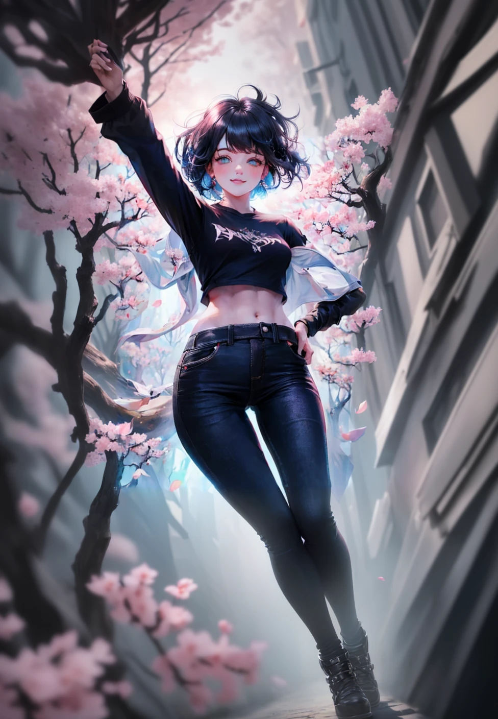 (extremely detailed 8k wallpaper),Medium shot of a terrified necromancer, Complex, High detail, dramatic,8k,((masterpiece,ultra-detailed, Complex details, medium quality,figure)),One girl, alone, High resolution, View Viewer, Brown Hair,Pastel blue hair, short hair, Black T-shirt, smile, Wearing a T-shirt, Wearing black jeans,Black Earrings,street, cherry blossoms, Petals falling, Sunlight shines in, solar system, feminine, Empowered, beautiful, detailed,Wide Shot, blush, cute