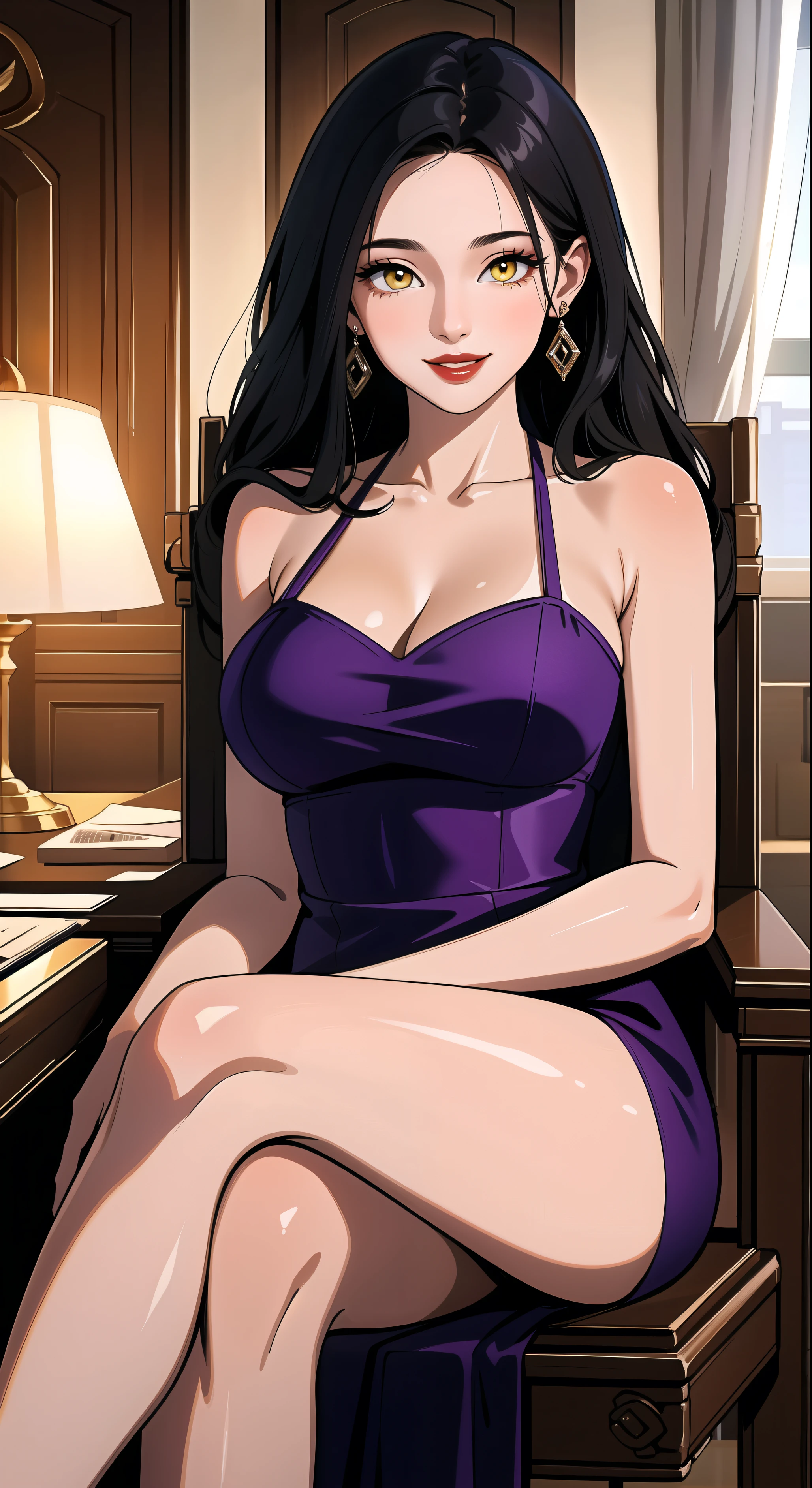 (masterpiece, High resolution, highest quality:1.3), 8K, very detailed, Complex, 40 years old, mature woman, black hair, yellow eyes, tanned skin, sensual body, purple short dress, big breasts, light smile, red lips, sitting in a luxury chair, luxurious office