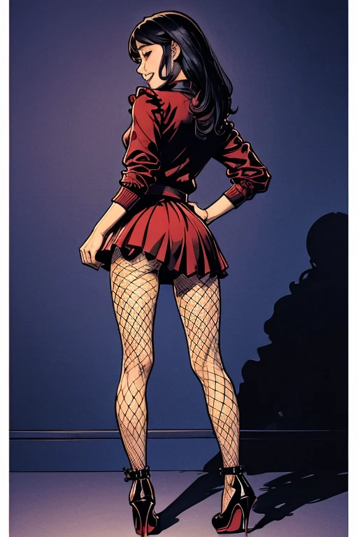 (full body:1.4), Pretty 27 yo Chinese woman, Short, beautiful figure, cute butt. (smile), Jacket, blouse, ruffle skirt, fishnets, high heels.