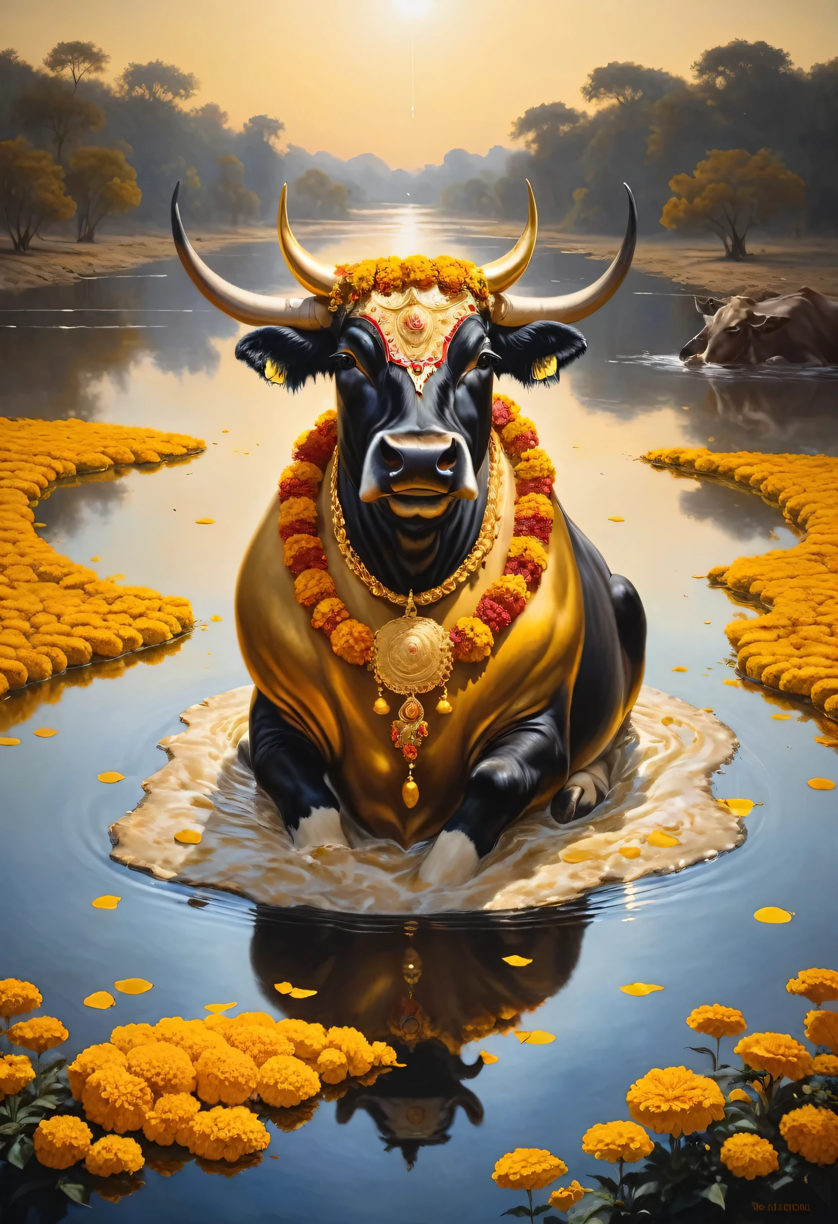 Surrealist portraiture，Depicting a white bull lying in the water，front，Looking at the audience，There are a lot of gold coins scattered on the bottom of the water，The cow is covered with marigolds, Wearing gold pendant