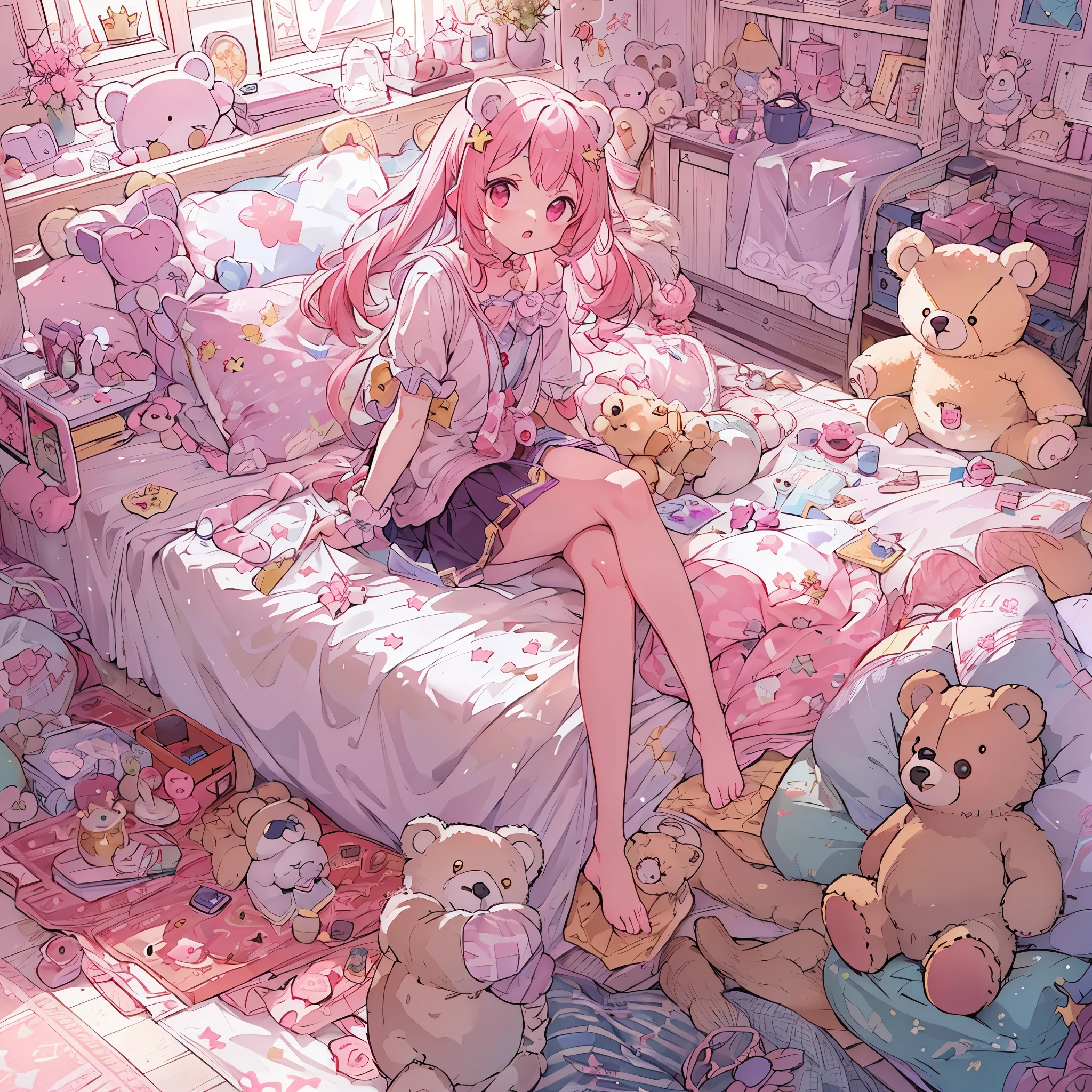 absurd, High resolution, (anime style:1.1), ((table top)), ((highest quality)), (super detailed), (beautiful), solo, beautiful face、(lift),12 years old、Your own cute room、pink wall paper、Lots of stuffed animals lined up.、Realistic beautiful stars々、(Cute girl with bear ears lying on a cute king size bed:1.4)、Pink colorful hair, red eyes,looking at the viewer,Lens flare,dramatic,、From the back、mini skirt、Full body Esbian、A real bear also sits next to it