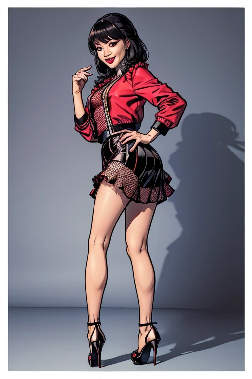 (full body:1.4), Pretty 27 yo Chinese woman, Short, beautiful figure, cute butt. (smile), Jacket, blouse, ruffle skirt, fishnets, high heels.