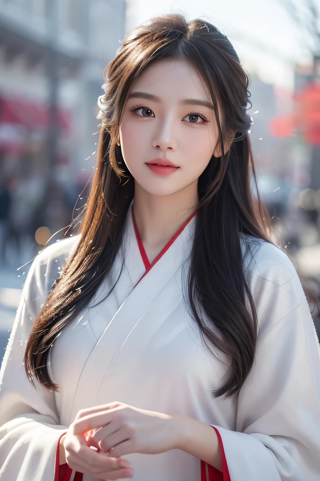 1girl, white hanfu, snow, long hair fluttering in the wind, healing smile, (best quality,4k,8k,highres,masterpiece:1.2),ultra-detailed,(realistic,photorealistic,photo-realistic:1.37),HDR,UHD,studio lighting,ultra-fine painting,sharp focus,physically-based rendering,extreme detail description,professional,vivid colors,bokeh,medium:digital painting,beautiful detailed eyes,beautiful detailed lips,extremely detailed eyes and face,longeyelashes,winter landscape,soft lighting,warm color tone