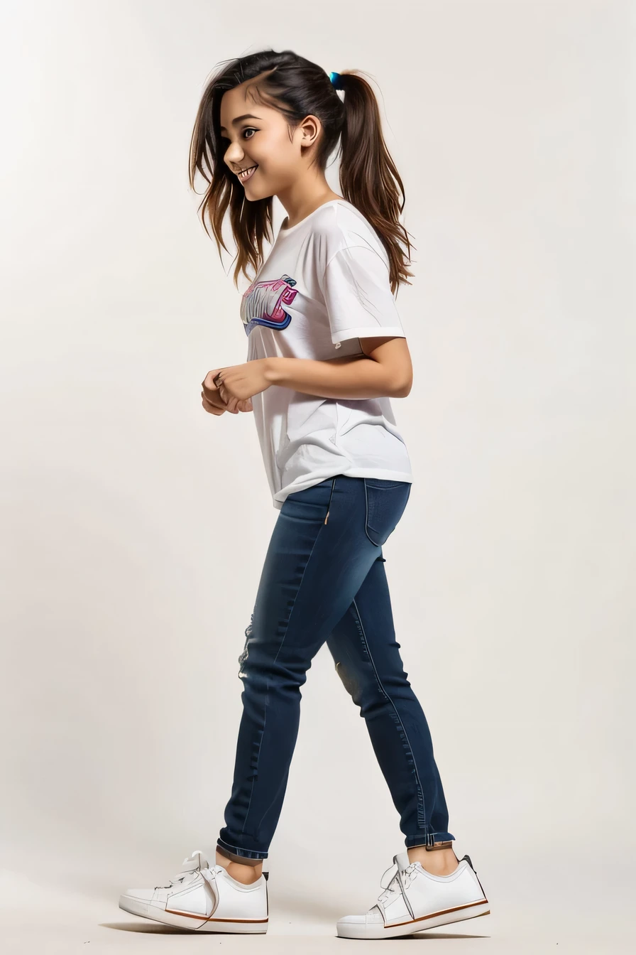 Wearing jeans、Have a skateboard、Congressman walking on white background, (15Year old girl:1.66) ,Black Hair,(Flat Chest:1.37),(smile:1.37), (White sneakers)Profile of a girl walking, Full body cute young woman, Side view of her taking a step, Standing girl, Cute Girl's, Go right, Full body image, Looking into the camera