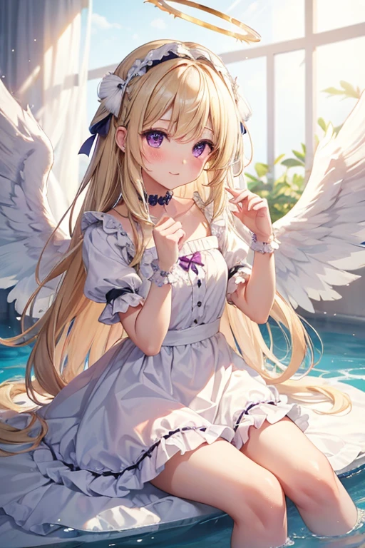 rating:safe, wings, feathered_wings, 1girl, white_wings, angel_wings, long_hair, very_long_hair, angel, dress, solo, sitting, halo, feathers, white_feathers, puffy_short_sleeves, short_sleeves, depth_of_field, closed_mouth, blurry, hair_between_eyes, eyebrows_visible_through_hair, white_dress, frills, puffy_sleeves, purple_eyes, bangs, looking_at_viewer, soaking_feet, water, blonde_hair, blurry_foreground, bow, hair_bow, hairband, frilled_dress, hair_intakes, blurry_background, collarbone, ribbon, hand_up, hands_up, blush, purple_dress, wrist_cuffs