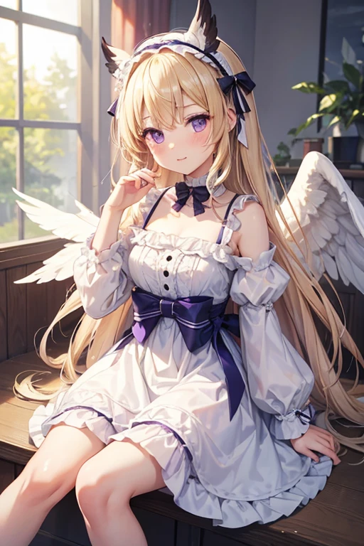 rating:safe, wings, feathered_wings, 1girl, white_wings, angel_wings, long_hair, very_long_hair, angel, dress, solo, sitting, halo, feathers, white_feathers, puffy_short_sleeves, short_sleeves, depth_of_field, closed_mouth, blurry, hair_between_eyes, eyebrows_visible_through_hair, white_dress, frills, puffy_sleeves, purple_eyes, bangs, looking_at_viewer, soaking_feet, water, blonde_hair, blurry_foreground, bow, hair_bow, hairband, frilled_dress, hair_intakes, blurry_background, collarbone, ribbon, hand_up, hands_up, blush, purple_dress, wrist_cuffs