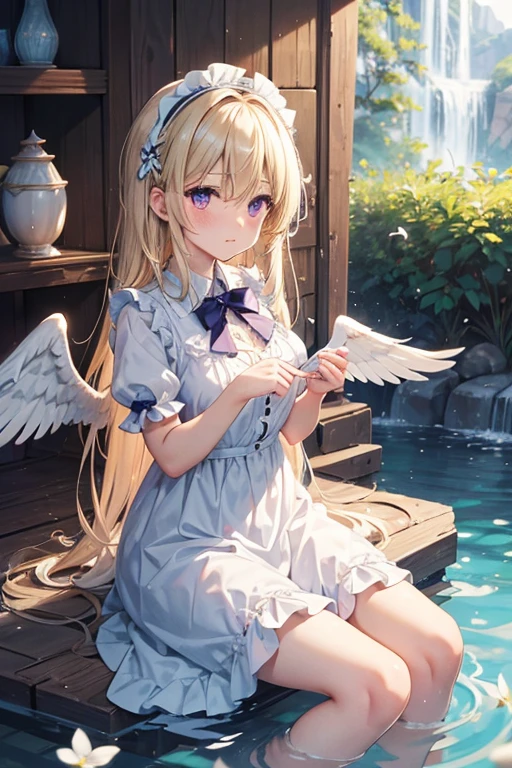 feathers, rating:safe, white_feathers, feathered_wings, 1girl, white_wings, long_hair, angel_wings, halo, very_long_hair, wings, angel, solo, dress, sitting, dove, blonde_hair, purple_eyes, eyebrows_visible_through_hair, water, bangs, bow, looking_at_viewer, closed_mouth, hair_between_eyes, short_sleeves, hair_intakes, day, blush, flower, barefoot, frills, breasts, hairband, puffy_short_sleeves, indoors, full_body, blue_bow, white_dress, soaking_feet, animal, outdoors, hair_bow, birdcage, cage, blue_dress, small_breasts, hair_ornament, backlighting, puffy_sleeves, frilled_dress, sunlight, reflection, sky, fountain, white_flower, sunbeam, waterfall