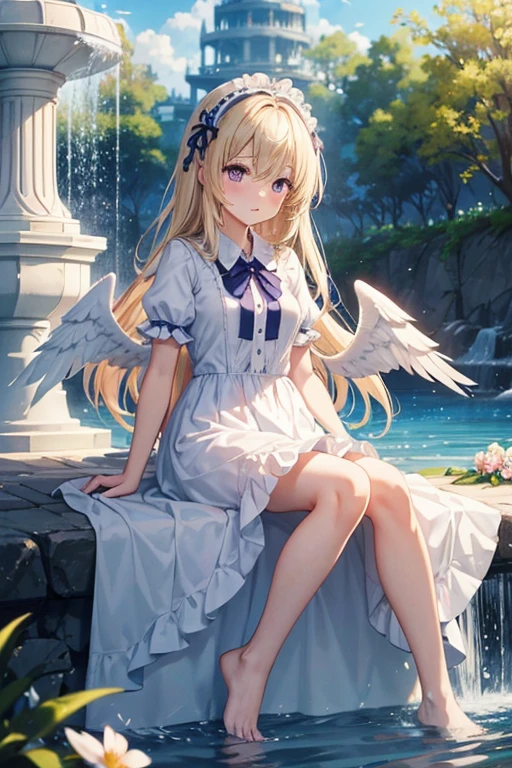 feathers, rating:safe, white_feathers, feathered_wings, 1girl, white_wings, long_hair, angel_wings, halo, very_long_hair, wings, angel, solo, dress, sitting, dove, blonde_hair, purple_eyes, eyebrows_visible_through_hair, water, bangs, bow, looking_at_viewer, closed_mouth, hair_between_eyes, short_sleeves, hair_intakes, day, blush, flower, barefoot, frills, breasts, hairband, puffy_short_sleeves, indoors, full_body, blue_bow, white_dress, soaking_feet, animal, outdoors, hair_bow, birdcage, cage, blue_dress, small_breasts, hair_ornament, backlighting, puffy_sleeves, frilled_dress, sunlight, reflection, sky, fountain, white_flower, sunbeam, waterfall