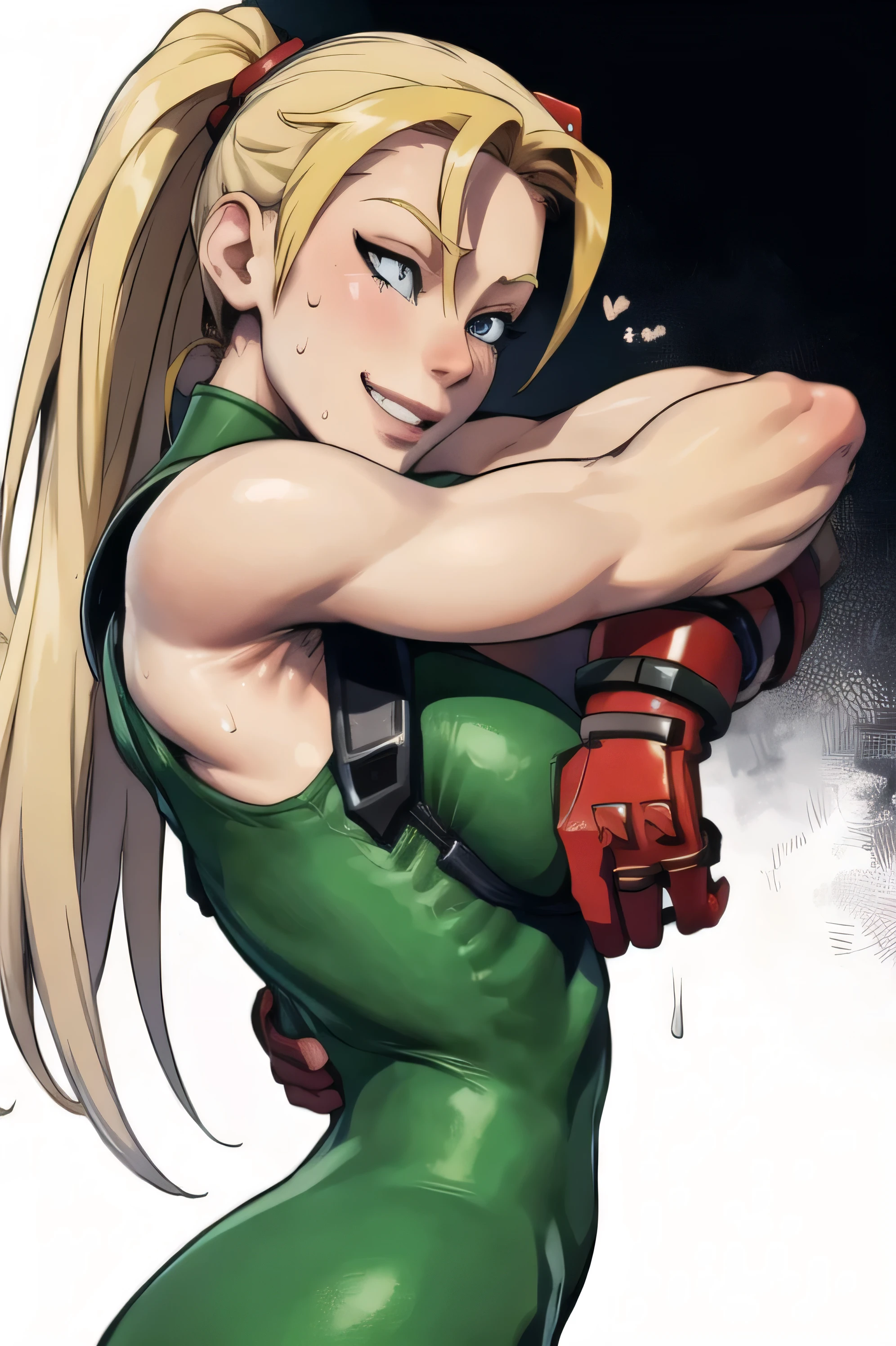 Anime girl,side view,looks like Cammy White, slightly leaning forwards,viewed from side,smiling,sensual expression,sweaty,sweat,leaned forwards,body slightly tilted forwards,hug,embrace