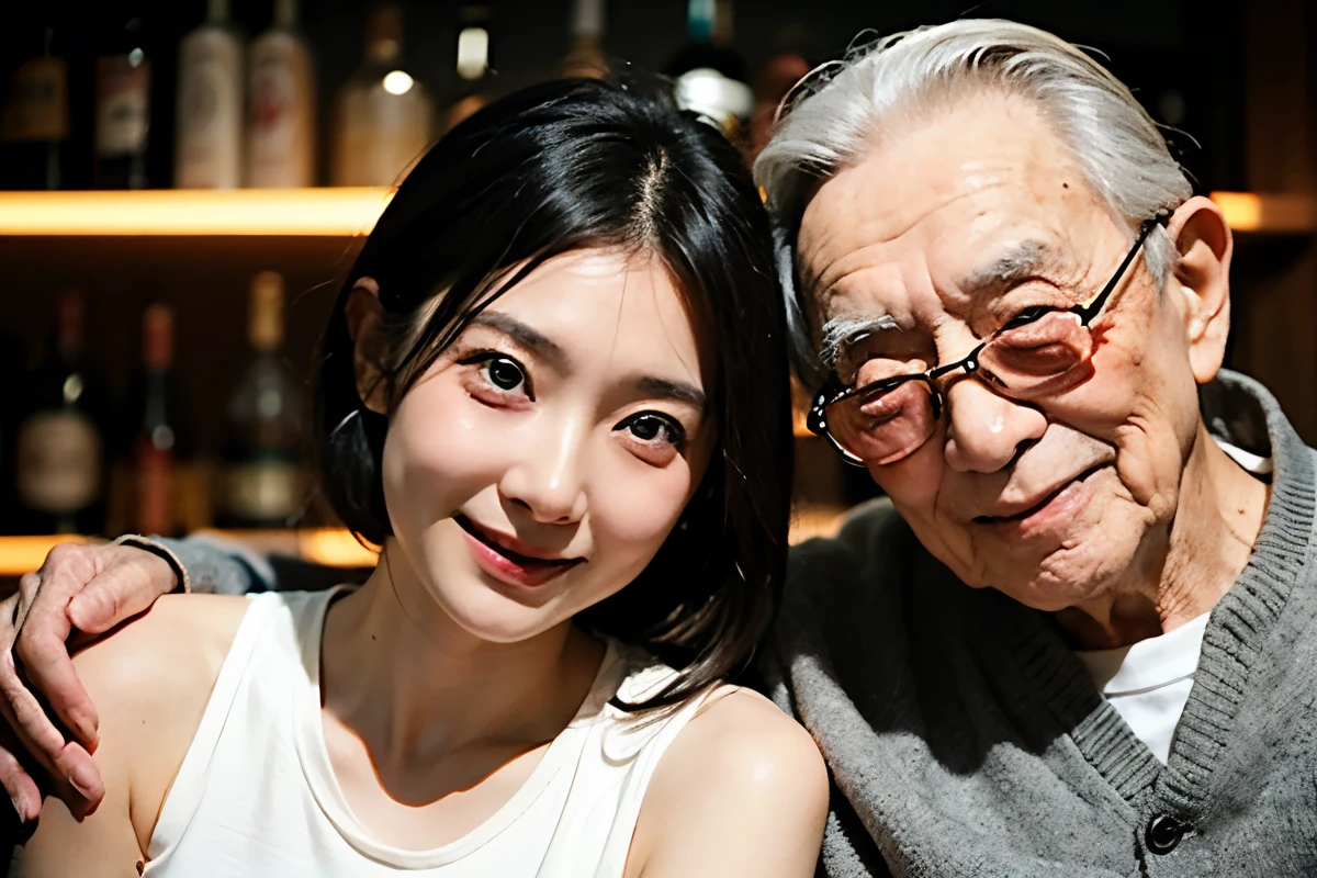 An 80-year-old Japanese man and a 20-year-old Japanese woman,Dark Bar,Age difference Age difference, 80-year-old man, smile, Put your arm around someone&#39;s shoulder, セクシーなYoung girl 20, Small and sexy size, Black short hair, Embarrassed and blushing face, Gray-haired old man, Young girl , Detailed face, Realistic, Realistic, Big Breasts,Looking at the camera