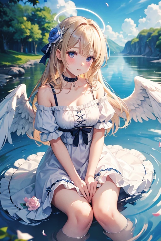 feathers, rating:safe, feathered_wings, white_feathers, 1girl, white_wings, wings, angel_wings, long_hair, very_long_hair, solo, angel, halo, dress, bangs, sitting, closed_mouth, eyebrows_visible_through_hair, short_sleeves, hair_between_eyes, purple_eyes, puffy_short_sleeves, blonde_hair, petals, white_dress, flower, water, outdoors, puffy_sleeves, day, rose, looking_at_viewer, frills, choker, bow, hair_intakes, single_wing, cloud, blush, black_choker, black_feathers, floating_hair, collarbone, sky, animal, blue_bow, frilled_dress, hair_bow, mini_wings, cloudy_sky, white_flower, blue_dress, latin_cross, ribbon, hair_feathers, blue_flower, breasts, soaking_feet, hair_ornament, dutch_angle, hand_between_legs, light_brown_hair, depth_of_field, off-shoulder_dress, blurry, hair_flower, between_legs, crying_with_eyes_open, parted_lips
