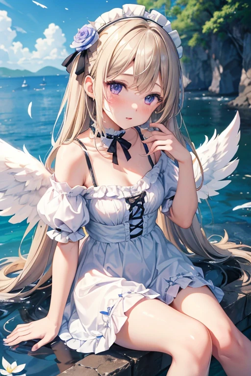 feathers, rating:safe, feathered_wings, white_feathers, 1girl, white_wings, wings, angel_wings, long_hair, very_long_hair, solo, angel, halo, dress, bangs, sitting, closed_mouth, eyebrows_visible_through_hair, short_sleeves, hair_between_eyes, purple_eyes, puffy_short_sleeves, blonde_hair, petals, white_dress, flower, water, outdoors, puffy_sleeves, day, rose, looking_at_viewer, frills, choker, bow, hair_intakes, single_wing, cloud, blush, black_choker, black_feathers, floating_hair, collarbone, sky, animal, blue_bow, frilled_dress, hair_bow, mini_wings, cloudy_sky, white_flower, blue_dress, latin_cross, ribbon, hair_feathers, blue_flower, breasts, soaking_feet, hair_ornament, dutch_angle, hand_between_legs, light_brown_hair, depth_of_field, off-shoulder_dress, blurry, hair_flower, between_legs, crying_with_eyes_open, parted_lips