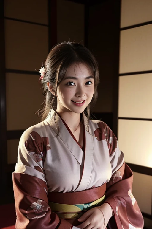 ((Beautiful Japanese Girls:1.3)) ((Kimono from the Heian Period:1.4)) ((Conversational:1.5)) ((Your Lord's Room)),((Red kimono:1.3)) ((At the castle of Japan:1.3)) ((thin_fabric:1.4)) ((Random sexy poses:1.3)) ((Sweaty:1.5))((Blushing:1.4)) ((Big Breasts:1.4)) ((close:1.2)) highest quality,masterpiece,Ultra-high resolution,(Realistic:1.4),RAW Photos,(Real skin texture:1.3),(Film Grain:1.3),Panorama,Character Portrait,Very wide shot,Tight waist,Cowboy Shot,(In the Dark, Deep Shadow, Modest, Cold Light,) night,(()),Tears flow,,Dust,Tyndall effect,(Performance),One girl,Beautiful and detailed eyes and face,White Jabot,Brown eyes,((Brown Hair:1.2)) ((whole body:1.3)) ((smile:1.3))