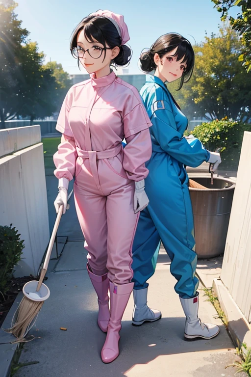 Wearing large pink rubber gloves, white rubber boots and a white cloth wrapped around her head、Two mature women with glasses and black hair tied up in blue long sleeve jumpsuits kissing in a dirty public toilet in a park