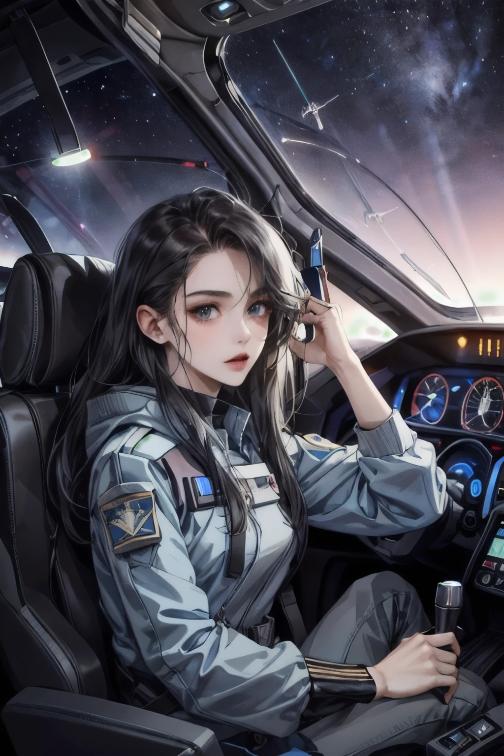 1girl , sci-fi, star fighter, cockpit