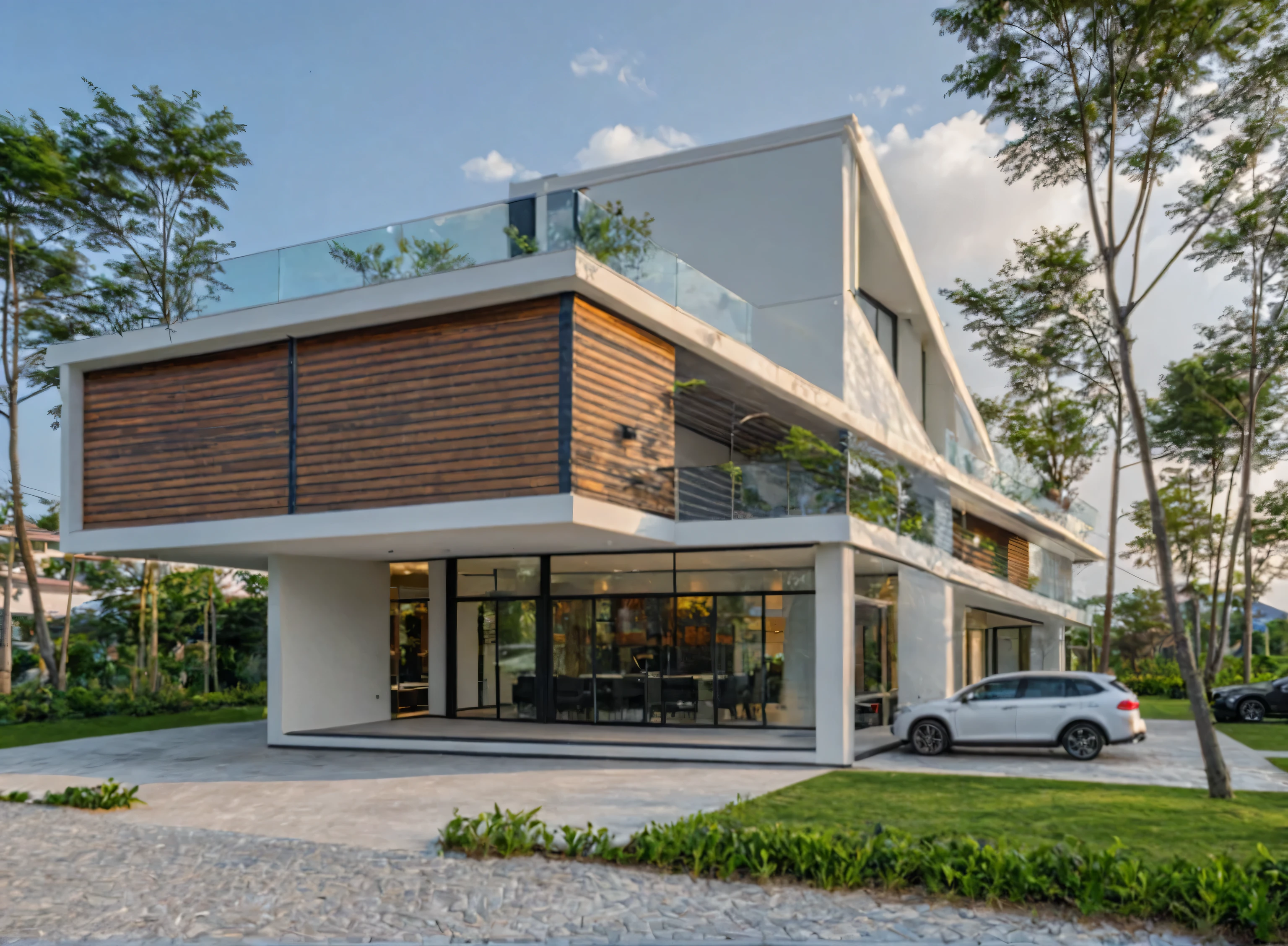 Masterpiece, high quality, best quality, authentic, super detail, outdoors, onestoreyvillaXL, aiaigroup, house style modern on the street ,stairs, white wall ,road,pavement, grass, trees, sky, cloud, (daylight:1.1)

