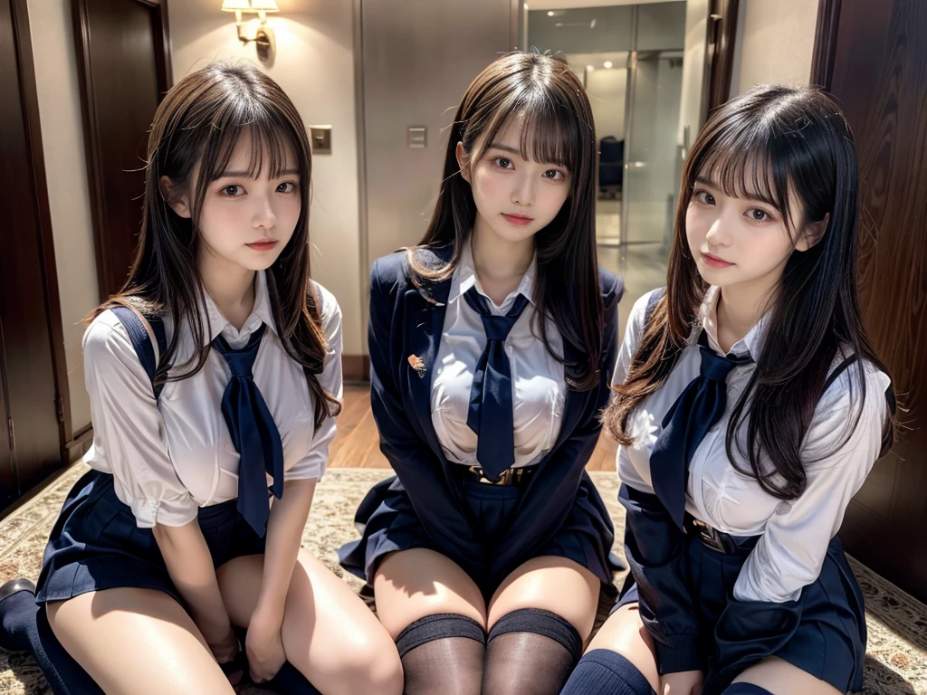 (8K, Raw photography, top-quality, ​masterpiece:1.2), master piece, best quality, illustration, Super detailed, fine details, High resolution, 8K,wall paper, perfect dynamic composition,(Details High quality, realistic depiction of eyes:1.3), ((2 girls, 2 schoolgirls)), The background is a luxury hotel room、High school girl uniform、blazer 、Super Short Check Uniform Skirt、Navy blue high socks、garterbelts、Colossal tits、Disturbed uniform, Play with each other,Touching each other's bodies,Touching the body of the girl next door, short bob hair, black hair color, huge breasts, Big Natural Color Lip, bold sexy pose, (perfect body shape), crying a little、cold gaze,  Beautiful makeup,glitter makeup,Cutest 18 years old, beautiful legs, hposing Gravure Idol, Voluptuous thighs