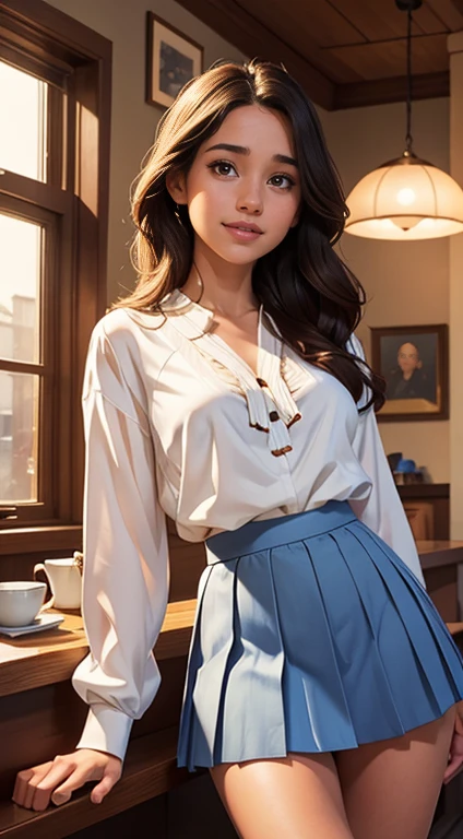 Foto hiperrealista en primer plano de Kelsey Asbille (native American), masterpiece, best quality, (photorealistic:1.4), full body, (white blouse:1.2), (blue pleated skirt below the knees:1.1), heels, coffee shop, cinematic light, beautiful woman, photo oh whole person,  cinematic light, beautiful woman, skinny, large breasts, straight hair, detailed face, smile, photo taken from a distance
