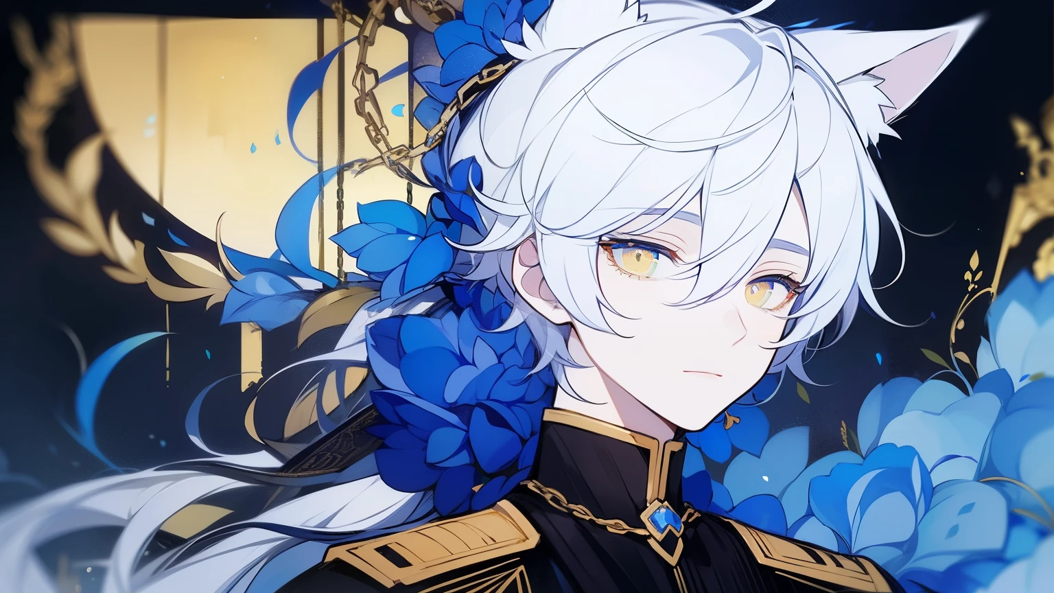 1 young man in his 20s，white hair，blue earring dye，Blue and yellow eyes，Wolf ears，royal，Gorgeous costumes，black military uniform，jewel eye，Delicate and beautiful eyes，night，aurora，cross，Chains