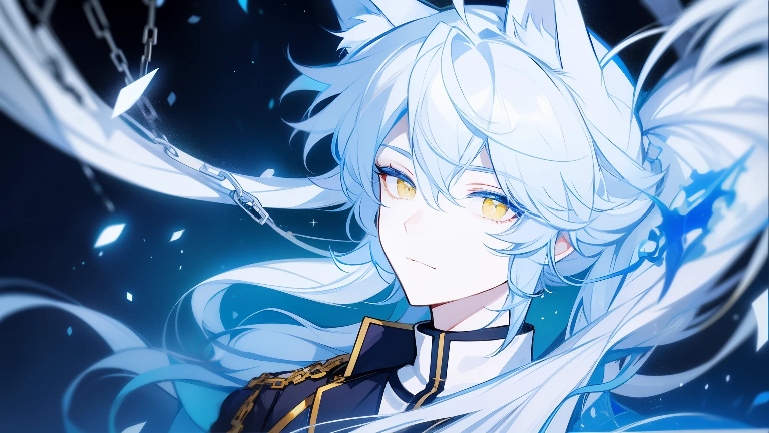 1 young man in his 20s，white hair，blue earring dye，Blue and yellow eyes，Wolf ears，royal，Gorgeous costumes，black military uniform，jewel eye，Delicate and beautiful eyes，night，aurora，cross，Chains