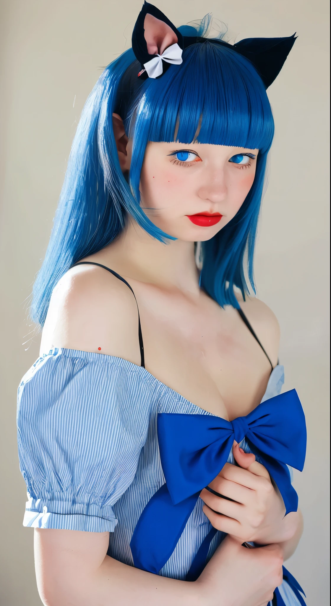 One girl, Frederica Bernkastel, bangs, blue bow, Blue Hair, blunt bangs, bow, Embrace your chest, Cat's Tail, Arms crossed, dress, Long Hair, Long sleeve, Purple eyes, Simple Background, alone, tail bow, Tail ornament, Tail raised, Tail ribbon