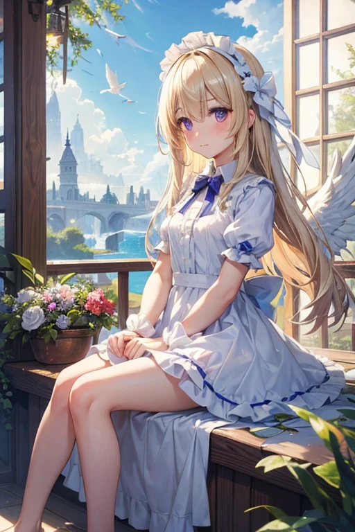 feathers, rating:safe, white_feathers, feathered_wings, 1girl, white_wings, long_hair, angel_wings, halo, very_long_hair, wings, angel, solo, dress, sitting, dove, blonde_hair, purple_eyes, eyebrows_visible_through_hair, water, bangs, bow, looking_at_viewer, closed_mouth, hair_between_eyes, short_sleeves, hair_intakes, day, blush, flower, barefoot, frills, breasts, hairband, puffy_short_sleeves, indoors, full_body, blue_bow, white_dress, soaking_feet, animal, outdoors, hair_bow, birdcage, cage, blue_dress, small_breasts, hair_ornament, backlighting, puffy_sleeves, frilled_dress, sunlight, reflection, sky, fountain, white_flower, sunbeam, waterfall