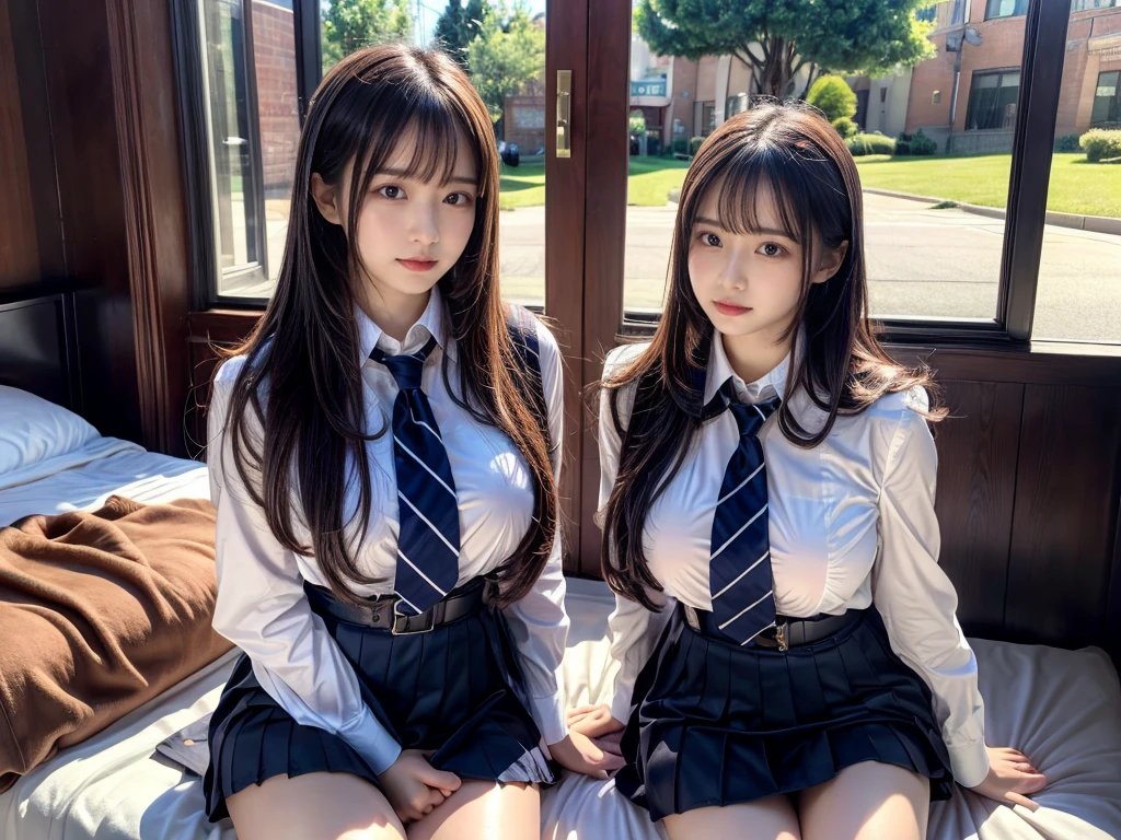 (8K, Raw photography, top-quality, masterpiece:1.2), master piece, best quality, illustration, Super detailed, fine details, High resolution, 8K,wall paper, perfect dynamic composition,(Details High quality, realistic depiction of eyes:1.3), ((2 girls, 2 schoolgirls)), The background is a luxury hotel room、High school girl uniform、blazer 、Super Short Check Uniform Skirt、Navy blue high socks、garterbelts、Colossal tits、Disturbed uniform, Play with each other,Touching each other's bodies,Touching the body of the girl next door, short bob hair, black hair color, huge breasts, Big Natural Color Lip, bold sexy pose, (perfect body shape), crying a little、cold gaze, Beautiful makeup,glitter makeup,Cutest 18 years old, beautiful legs, hposing Gravure Idol, Voluptuous thighs