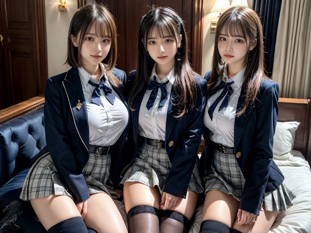 (8K, Raw photography, top-quality, masterpiece:1.2), master piece, best quality, illustration, Super detailed, fine details, High resolution, 8K,wall paper, perfect dynamic composition,(Details High quality, realistic depiction of eyes:1.3), ((2 girls, 2 schoolgirls)), The background is a luxury hotel room、High school girl uniform、blazer 、Super Short Check Uniform Skirt、Navy blue high socks、garterbelts、Colossal tits、Disturbed uniform, Play with each other,Touching each other's bodies,Touching the body of the girl next door, short bob hair, black hair color, huge breasts, Big Natural Color Lip, bold sexy pose, (perfect body shape), crying a little、cold gaze, Beautiful makeup,glitter makeup,Cutest 18 years old, beautiful legs, hposing Gravure Idol, Voluptuous thighs