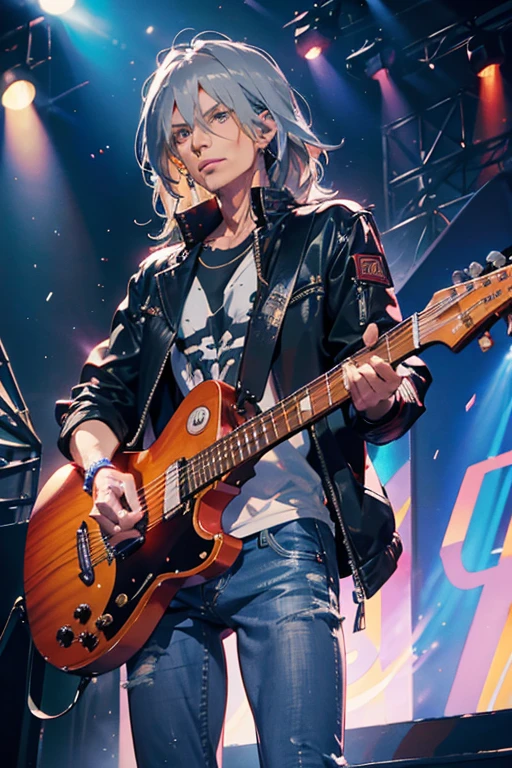 Steven tyler from Aerosmith, idol,ash gray hair, wearing a jeans jaket, in the stage,close up, looking at camera, cinematic, sharp lense, professional photographie, 70mm lense, soft light, colorful background, 4k