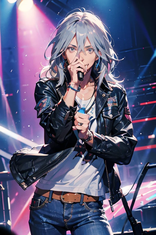 Steven tyler from Aerosmith, idol,ash gray hair, wearing a jeans jaket, in the stage,close up, looking at camera, cinematic, sharp lense, professional photographie, 70mm lense, soft light, colorful background, 4k