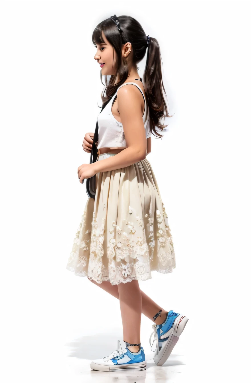 A man wearing jeans and a fedora is walking with a skateboard against a white background, (12Year old girl:1.66) ,(girl)Black Hair,(Double knit chest:1.37),(smile:1.37), (White sneakers),(Light floral skirt:1.37),(Long skirt:1.37)Fager walking, Full body cute young woman, Side view of her taking a step, Standing girl, Cute girl's, Go right, Full body image, Looking into the camera