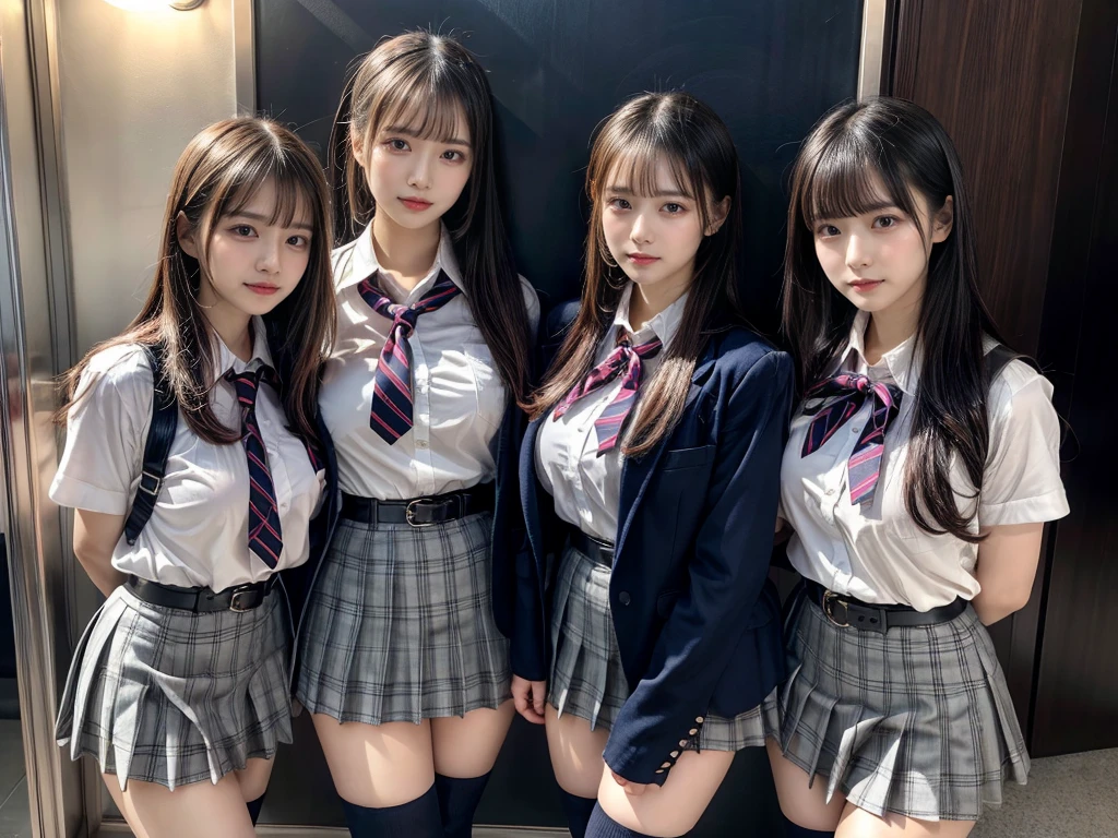 (8K, Raw photography, top-quality, ​masterpiece:1.2), master piece, best quality, illustration, Super detailed, fine details, High resolution, 8K,wall paper, perfect dynamic composition,(Details High quality, realistic depiction of eyes:1.3), ((2 girls, 2 schoolgirls)), The background is a luxury hotel room、High school girl uniform、blazer 、Super Short Check Uniform Skirt、Navy blue high socks、garterbelts、Colossal tits、Disturbed uniform, Play with each other,Touching each other's bodies,Touching the body of the girl next door, short bob hair, black hair color, huge breasts, Big Natural Color Lip, bold sexy pose, (perfect body shape), crying a little、cold gaze,  Beautiful makeup,glitter makeup,Cutest 18 years old, beautiful legs, hposing Gravure Idol, Voluptuous thighs