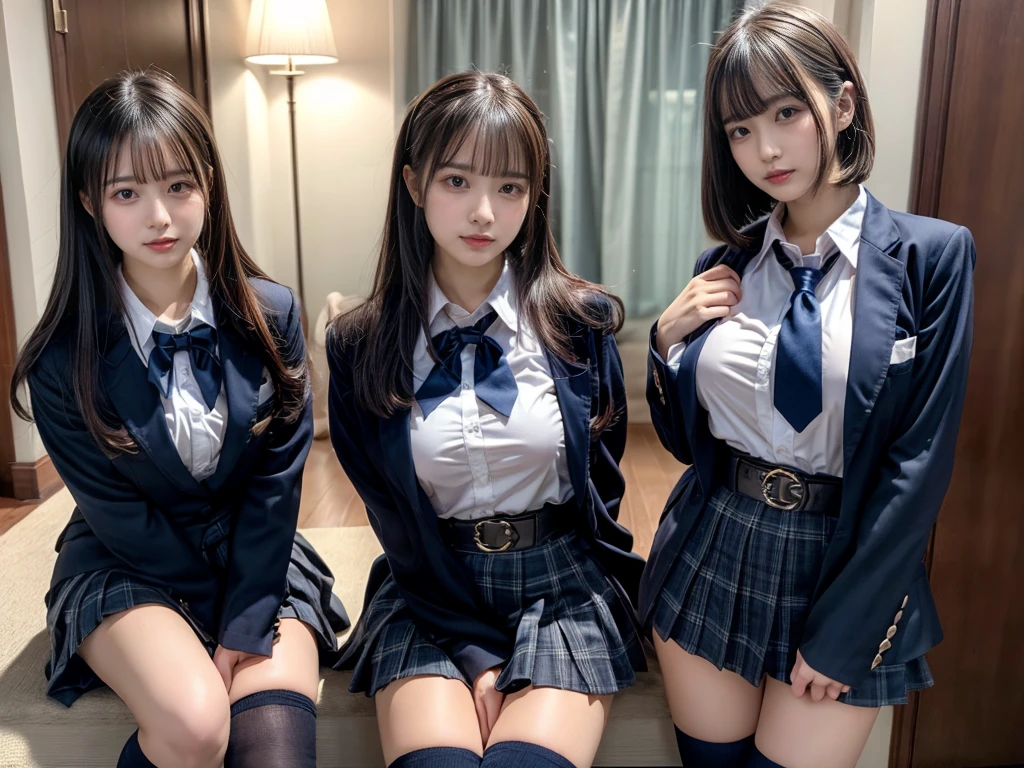(8K, Raw photography, top-quality, ​masterpiece:1.2), master piece, best quality, illustration, Super detailed, fine details, High resolution, 8K,wall paper, perfect dynamic composition,(Details High quality, realistic depiction of eyes:1.3), ((2 girls, 2 schoolgirls)), The background is a luxury hotel room、High school girl uniform、blazer 、Super Short Check Uniform Skirt、Navy blue high socks、garterbelts、Colossal tits、Disturbed uniform, Play with each other,Touching each other's bodies,Touching the body of the girl next door, short bob hair, black hair color, huge breasts, Big Natural Color Lip, bold sexy pose, (perfect body shape), crying a little、cold gaze,  Beautiful makeup,glitter makeup,Cutest 18 years old, beautiful legs, hposing Gravure Idol, Voluptuous thighs