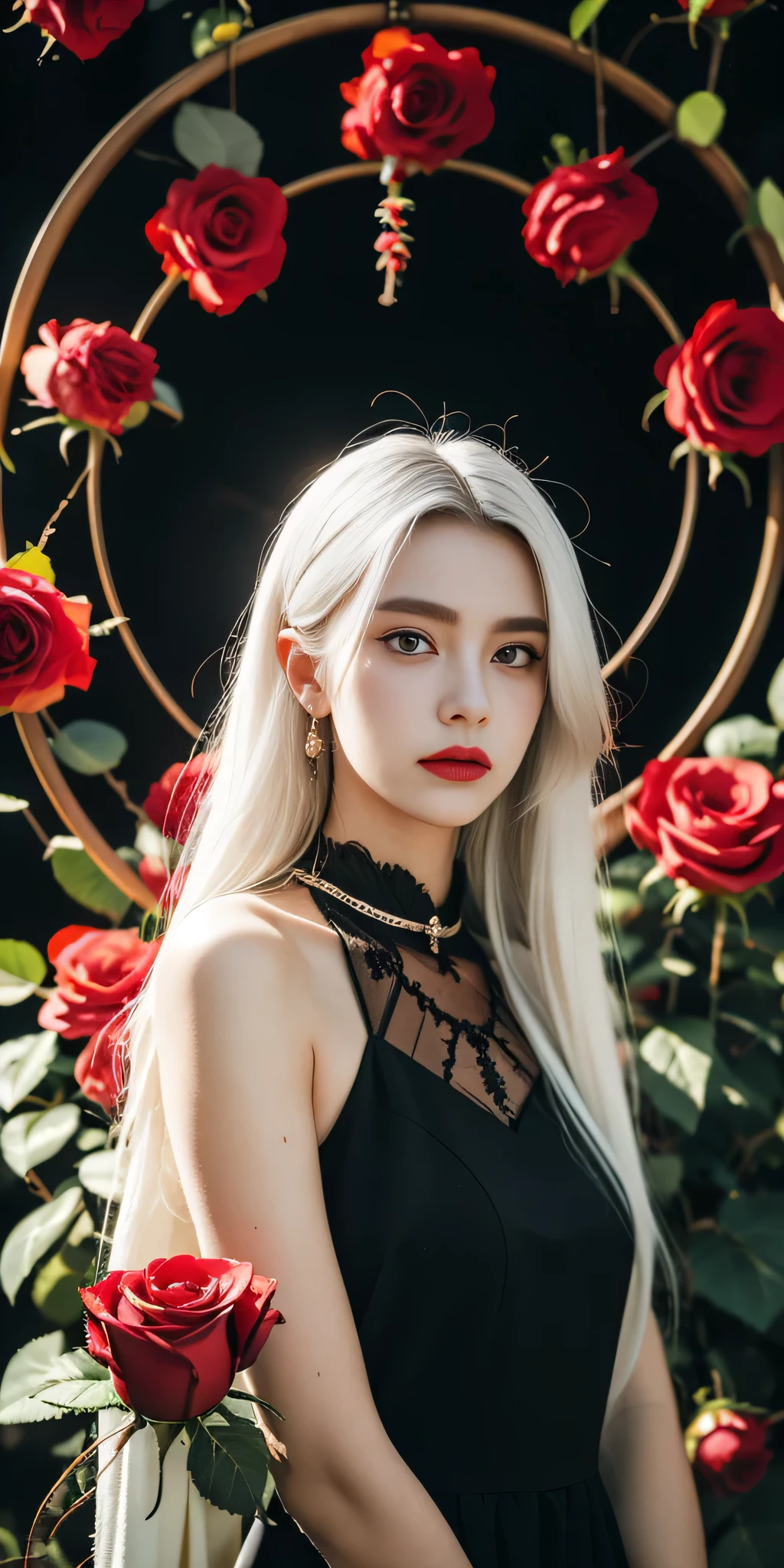 (best quality, masterpiece), (1girl, solo, black dress, standing , looking at viewer, white hair, red eyes, holding rose, closed mouth, upper body), (red dreamcatcher behind, red flower, )