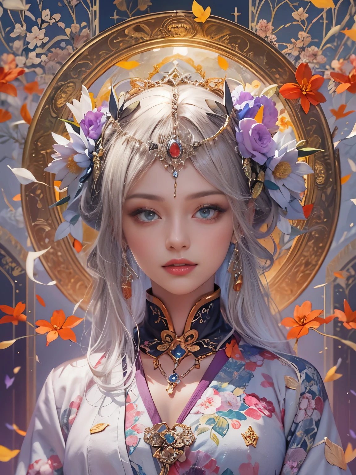 Arabian woman in kimono with flowers on her head, Beautiful digital artwork, Beautiful digital illustrations, Beautiful digital painting, Gorgeous digital painting, Gweiz-style artwork, Photorealistic anime girl rendering, Smooth anime CG art, Beautiful digital art, Amazing digital art with great detail, Amazing digital illustrations, Detailed digital anime art, April Rendering, Beautiful anime portraits, Like a perfect fairy, Yasutomo Oka's painting style, Big Breasts, Add light purple and purple, Add Light Red, Intricate details, Splash screen, 8K resolution, masterpiece, A dignified face, Big temple, mysterious magic circle background, 曼荼羅文Mr., Colorful background, aura, Sharp Eyes, Break, Blonde, Strong winds, Mr.々Light source, Colorful light,