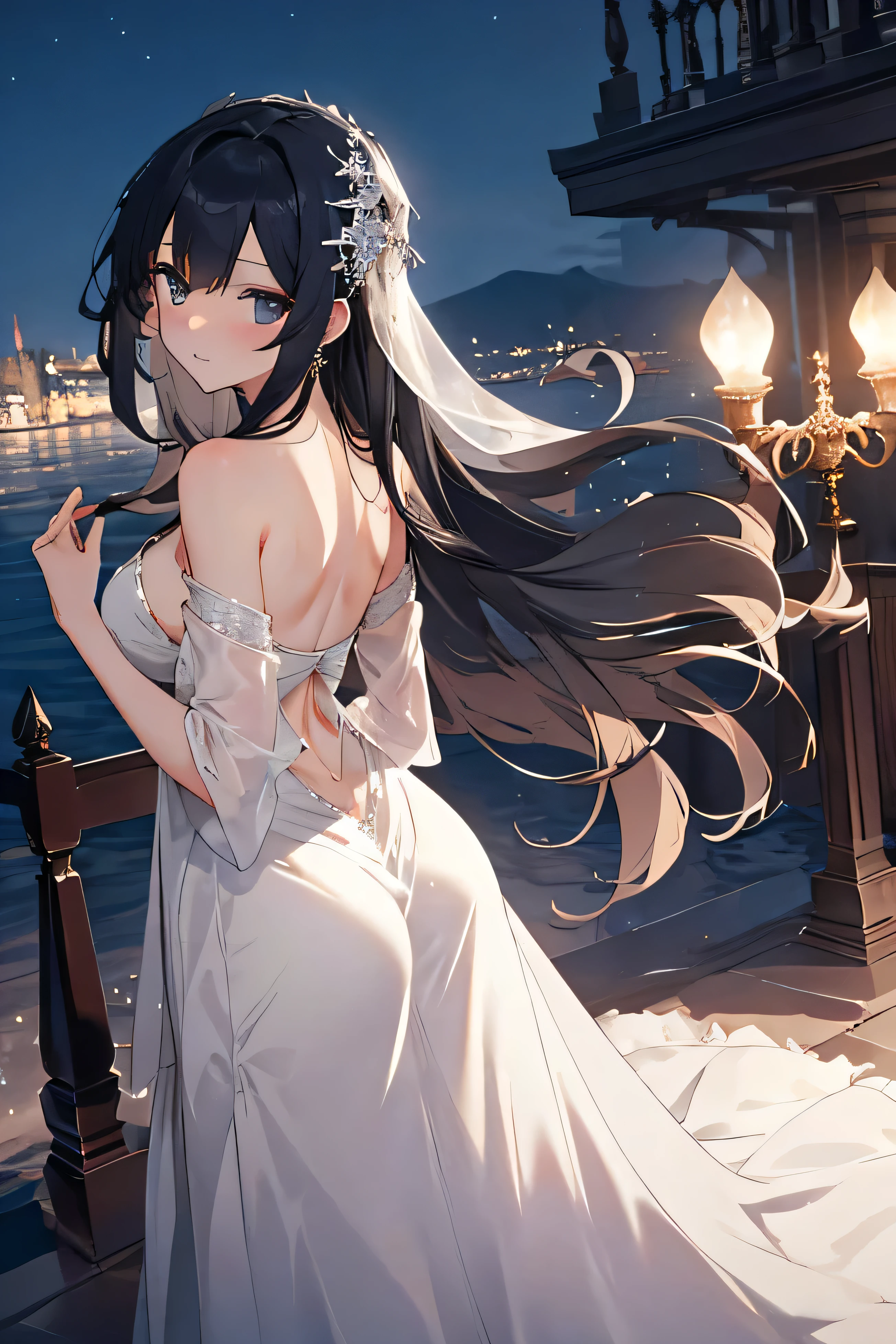 Craft an enchanting scene set against the backdrop of a nighttime vista, where a girl exudes an aura of elegance and grace that beckons you closer. Envision her silhouette bathed in the soft glow of moonlight, her figure swathed in a flowing gown that billows gently in the night breeze. Picture her poised stance and captivating gaze, drawing you in with an irresistible allure that speaks of mystery and charm. Capture the essence of her timeless beauty and magnetic presence against the enchanting backdrop of the night.