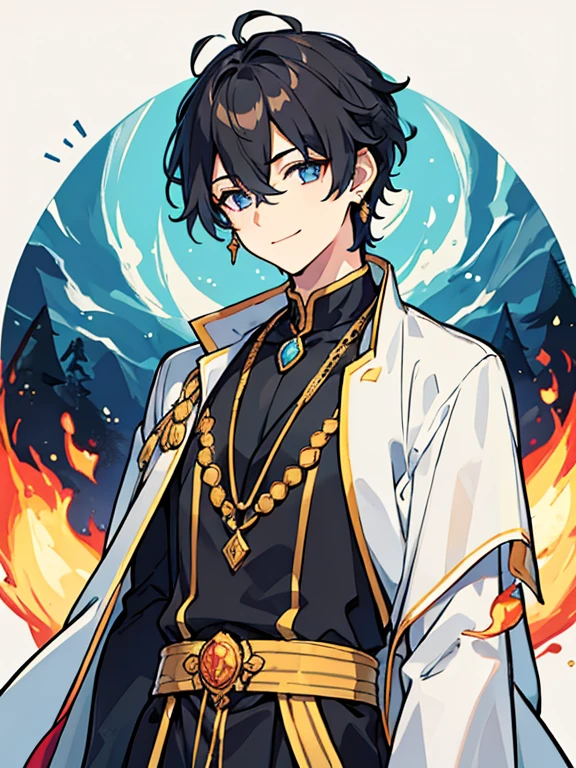masterpiece, best quality, listen to me, Solitary, looking at the audience, Smile, 1 boy, Hair between the eyes, Jewelry, Upper Body, Male focus, earrings, fire, Paper