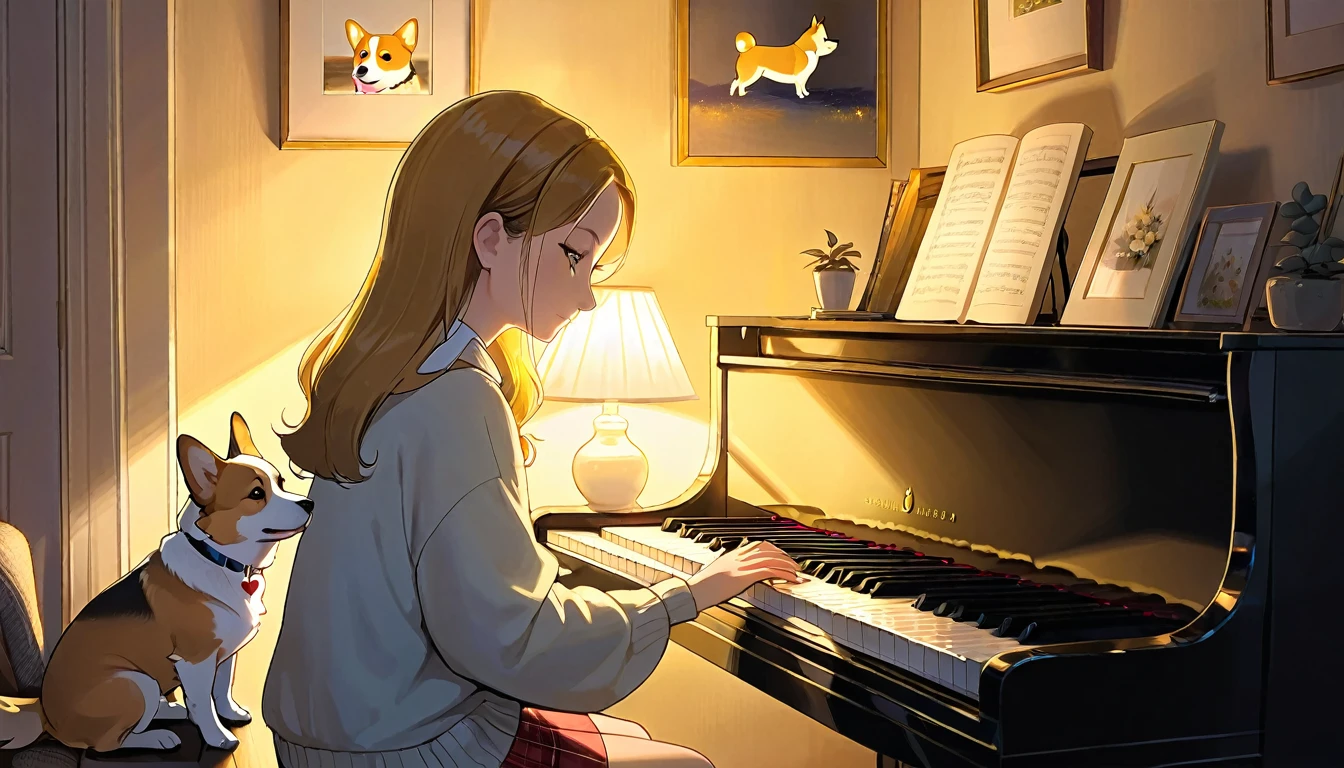 evening,
Girl sitting in a cozy corner, Draw a piano.
The soft yellow light of the desk lamp illuminates her thoughtful expression., Demonstrates deep concentration and a calm demeanor.
Her gentle gaze comforts the heart..
Adds atmosphere to a quiet night, Creates a peaceful and calm atmosphere,With dog Corgi.