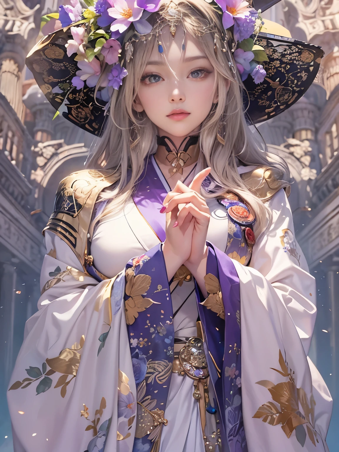 Arabian woman in kimono with flowers on her head, Beautiful digital artwork, Beautiful digital illustrations, Beautiful digital painting, Gorgeous digital painting, Gweiz-style artwork, Photorealistic anime girl rendering, Smooth anime CG art, Beautiful digital art, Amazing digital art with great detail, Amazing digital illustrations, Detailed digital anime art, April Rendering, Beautiful anime portraits, Like a perfect fairy, Yasutomo Oka's painting style, Big Breasts, Add light purple and purple, Add Light Red, Intricate details, Splash screen, 8K resolution, masterpiece, A dignified face, Big temple, mysterious magic circle background, 曼荼羅文Mr., Colorful background, aura, Sharp Eyes, Break, Blonde, Strong winds, Mr.々Light source, Colorful light,