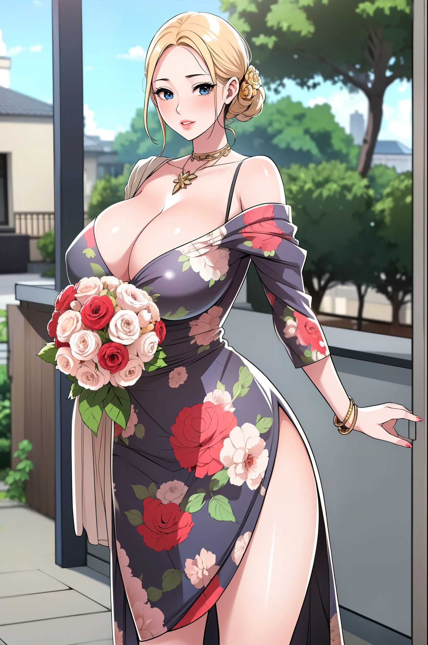 An extremely, insanely beautiful stunning gorgeous pretty cute sexy busty mother with a perfect gorgeous beautiful face, extremely super bright snow white fair stunning flawless glowing lush shiny white skin, and complexion, gold blonde hair tied in a cute hairstyle with hair ornament and red rose flower on hair, age 23, stunning shiny big shiny glowing blue eyes, bright pink cheek blushes, brown-black eyelashes, pink puffy lips, pink nails, goddess-like extremely cute sweet smile, face full of life, wearing a gold necklace, feet anklets, wearing a pretty sexy short loose-soft revealing SKY-BLUE COLOURED floral Robe-like-dress with threads with a WHITE COLORED OFF-THE-SHOULDER CROCHET CARDIGAN hanging on her back and shiny gold high-heels, gold bangles, looking at the viewer, standing straight, insanely tight skinny perfect hourglass figure, perfect round wide perfect hips, perfect bouncy round breasts, perfect round plump ass poking out of her dress, holding bouquet of red roses, road market in the background, day time, show full body from head to feet.
