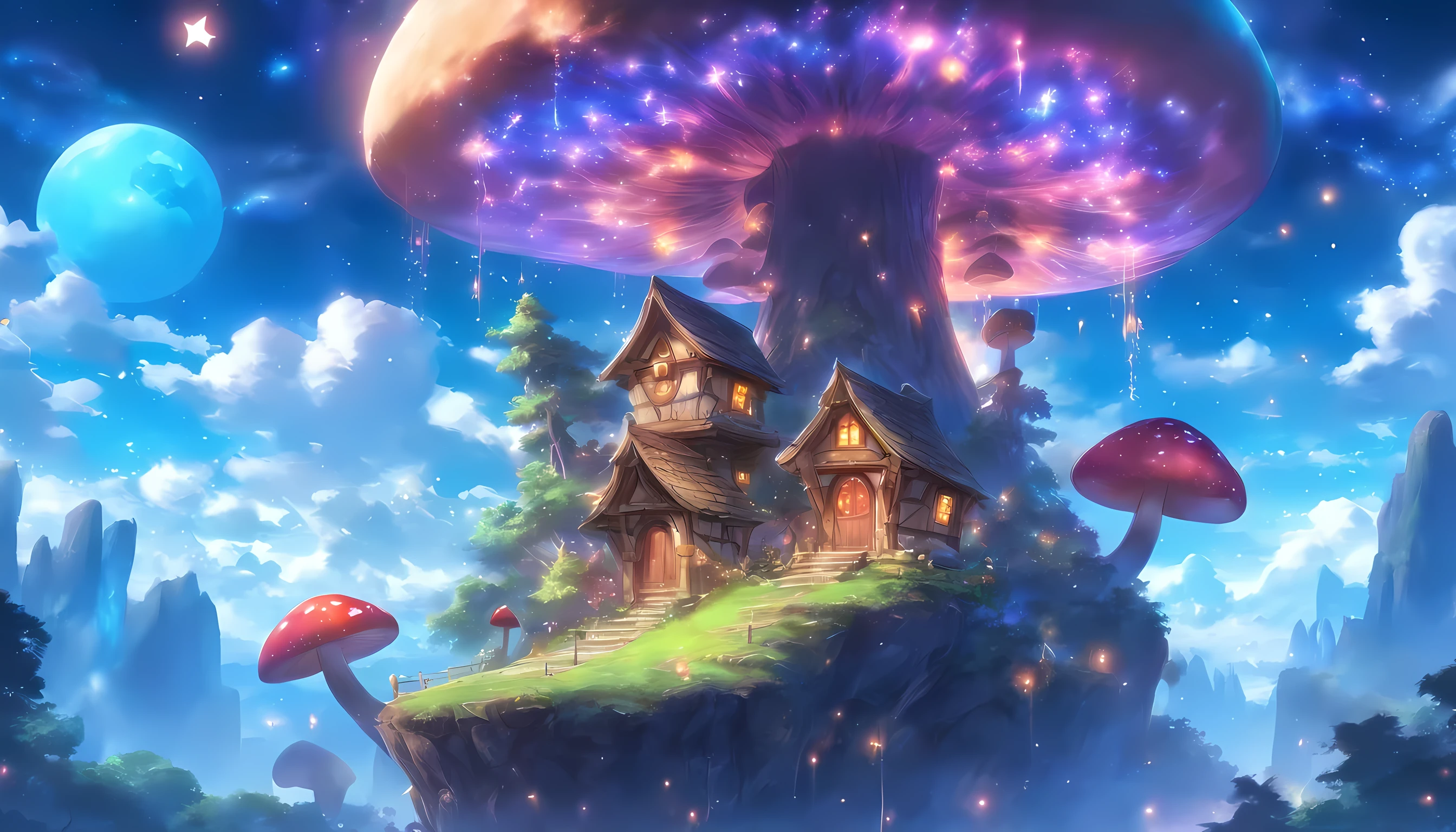 Fantasy elf world,The moon hangs high in the night,The Galaxy hangs high,Meteors flew by,A cute elf's mushroom house，highly  detailed，Uptrend，vivd colour