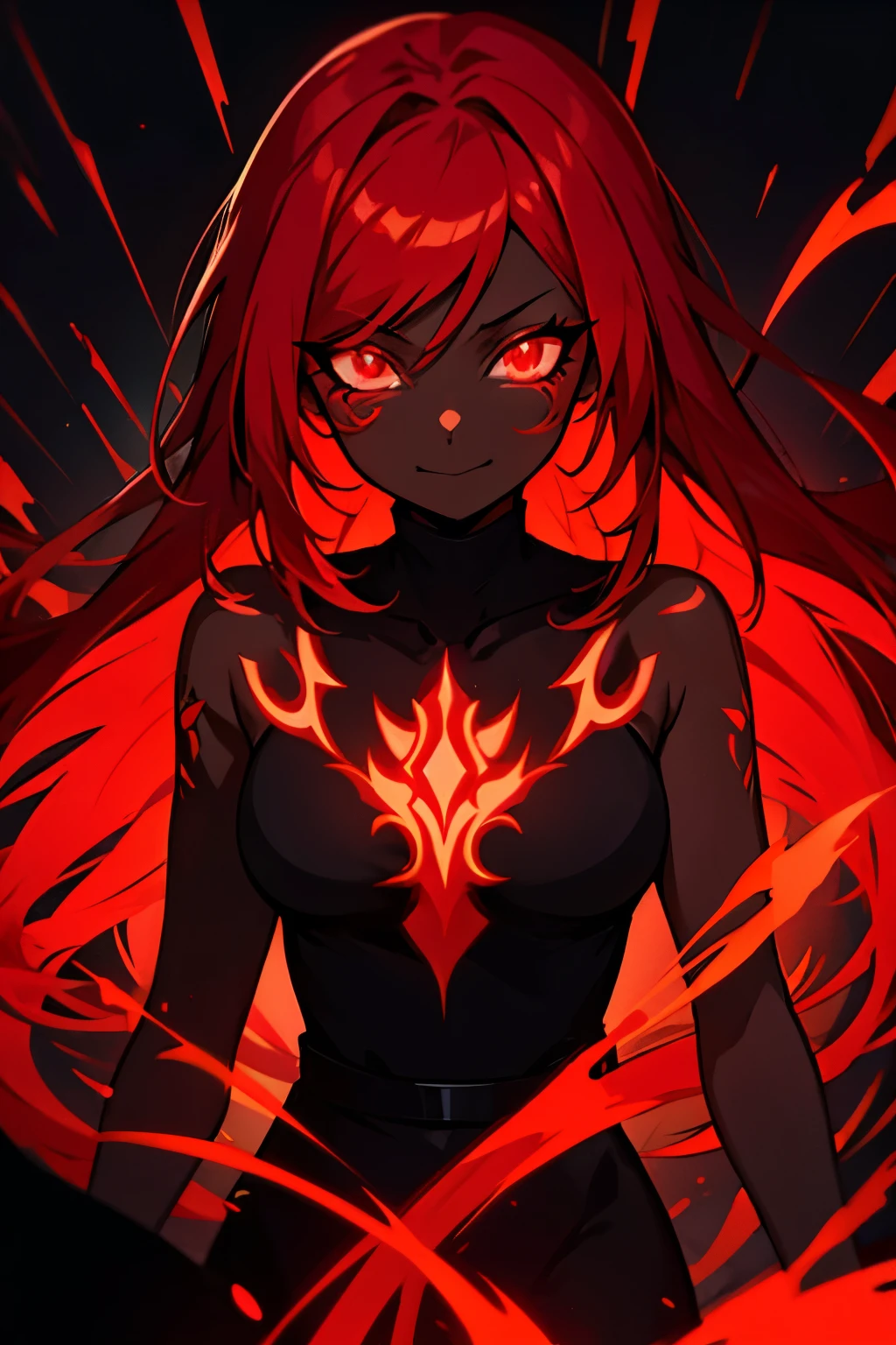 black skin, anime woman, happy, glowing red eyes, glowing red tattoos, long glowing red hair, wearing a black dress