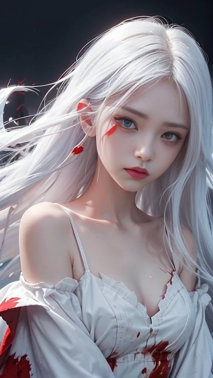 cute_girl,Little Ghost,Fair_skin,,Oval face,Light_blush,Red Eyes,demon_wing,lol,(white hair), long red hair, Red Eyes, (whole body), angry face, (Beautiful and delicate eyes), Blood Drop,Blood Mist, Flowing hair, disheveled hair, Splashing blood,(Blood),