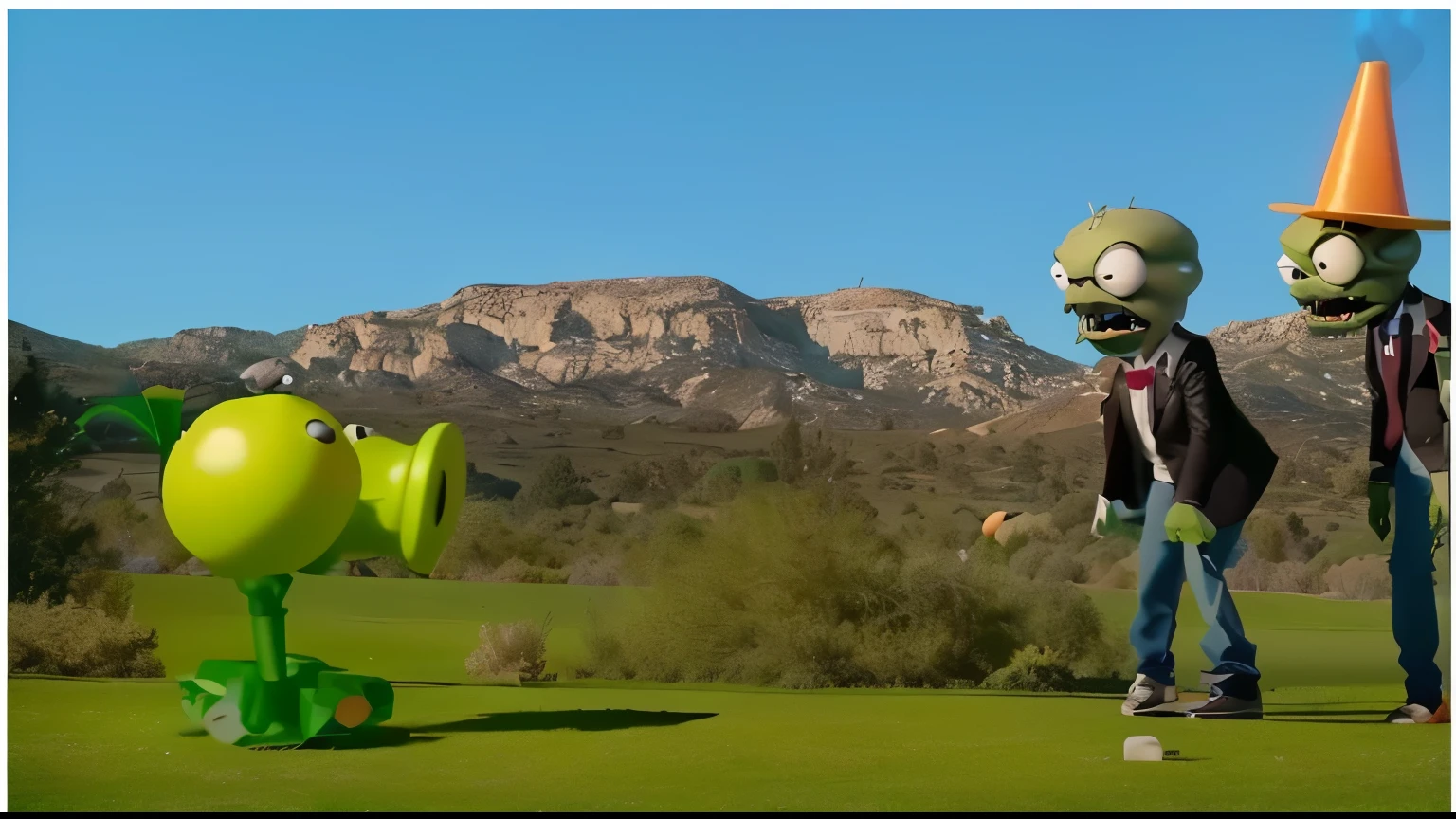 plants vs zombies are the best game to play in the wild, youtube video screenshot, promotional still wide angle, snoop dogg tennis ball monster, still from a music video, kermit dressed as the undertaker, music video, pixar film setting, inspired by Ron English, pickle rick, rick and morty in real life, pickle rick from rick and morty, environmental shot, film promotional still