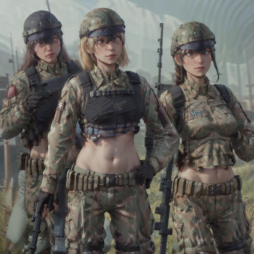 A group of Womens in crop top military bulletproof vest , military green cargo pants, belt, military helmet, tactical, (open navel), ((((aiming an m16))))