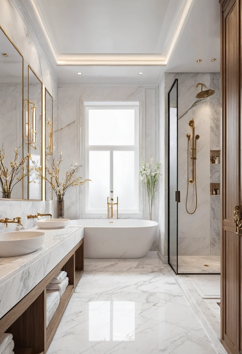 The bathroom comes with a large shower。 exquisite marble details, white marble walls, Marble room, premium bathroom design, wooden floor, white marble interior photograph, high quality 3 d render, , smooth marble surfaces, neo - classical style, wooden floor, Neoclassical style, interior of a bathroom, high quality rendering