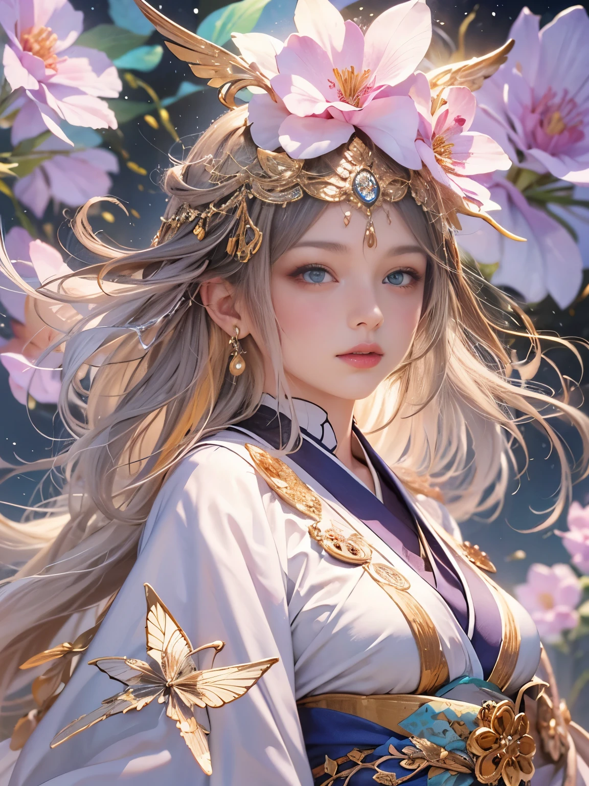 Arabian woman in kimono with flowers on her head, Beautiful digital artwork, Beautiful digital illustrations, Beautiful digital painting, Gorgeous digital painting, Gweiz-style artwork, Photorealistic anime girl rendering, Smooth anime CG art, Beautiful digital art, Amazing digital art with great detail, Amazing digital illustrations, Detailed digital anime art, April Rendering, Beautiful anime portraits, Like a perfect fairy, Yasutomo Oka's painting style, Big Breasts, Add light purple and purple, Add Light Red, Intricate details, Splash screen, 8K resolution, masterpiece, A dignified face, Big temple, mysterious magic circle background, 曼荼羅文Mr., Colorful background, aura, Sharp Eyes, Break, Blonde, Strong winds, Mr.々Light source, Colorful light,